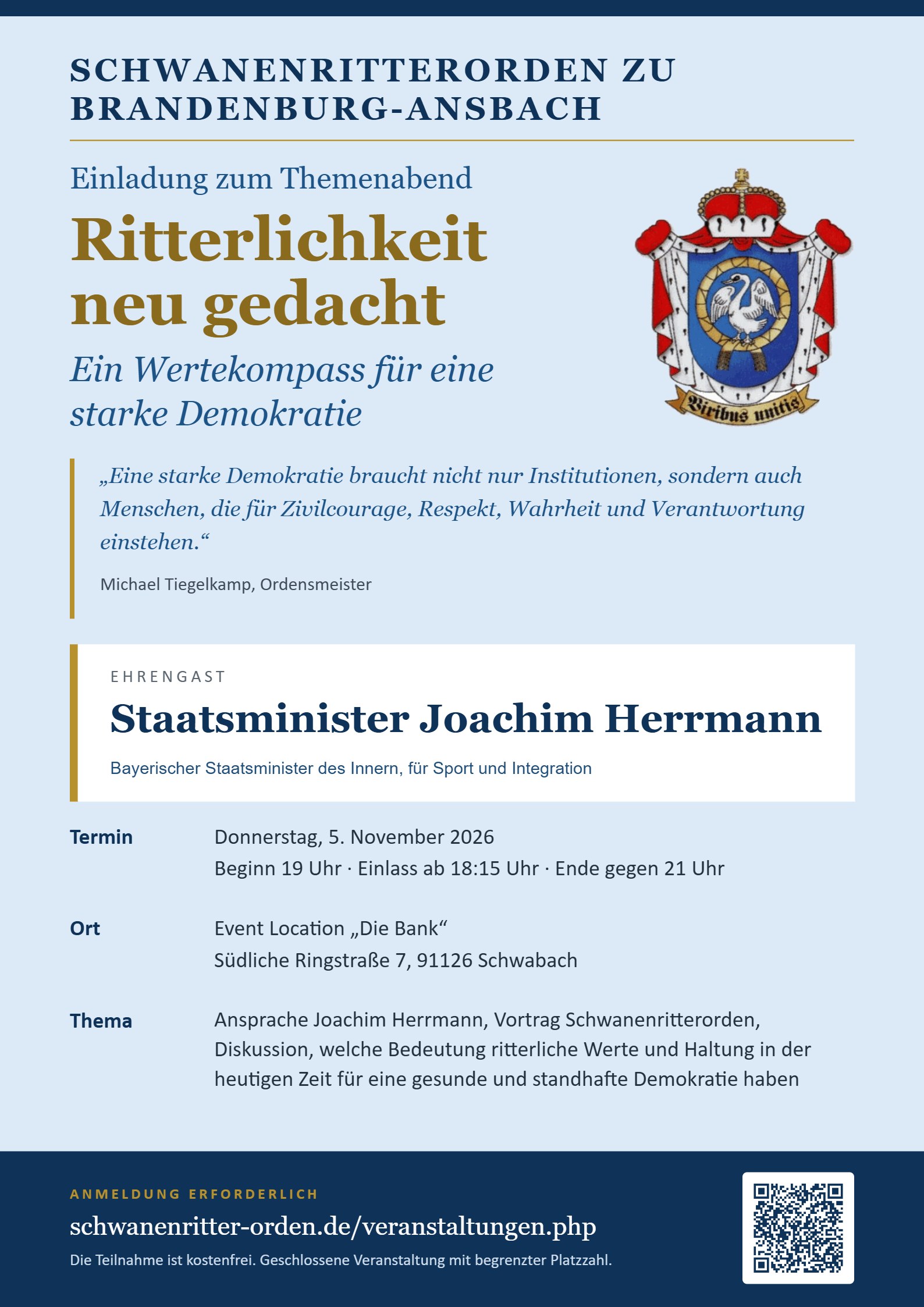 Plakat zum Themenabend „Ritterlichkeit neu gedacht – Ein Wertekompass für eine starke Demokratie“ am 5. November 2026 in Schwabach mit Ehrengast Staatsminister Joachim Herrmann
